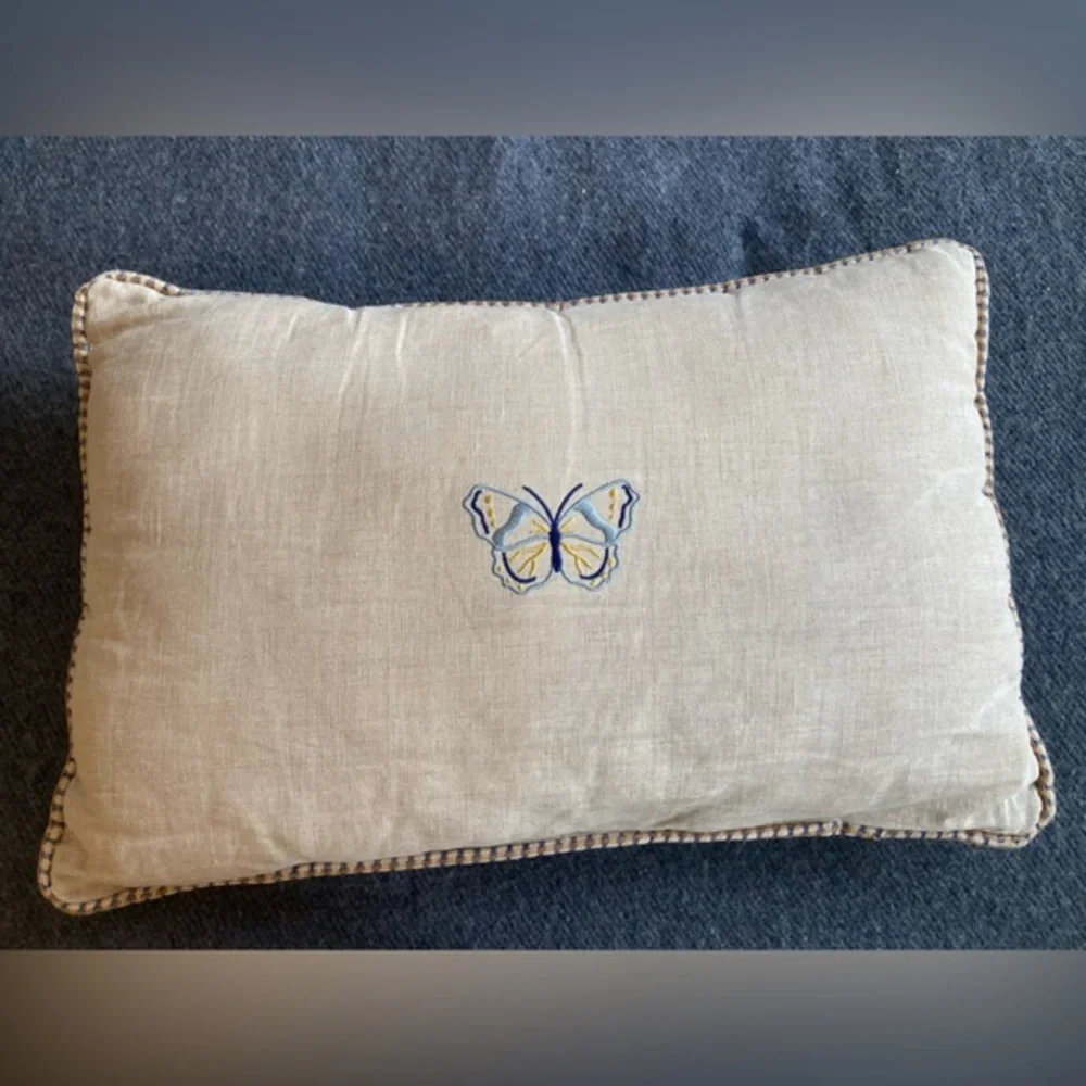Vintage Style Embroidered Butterfly Linen Lumbar Pillow Braided Trim Accent